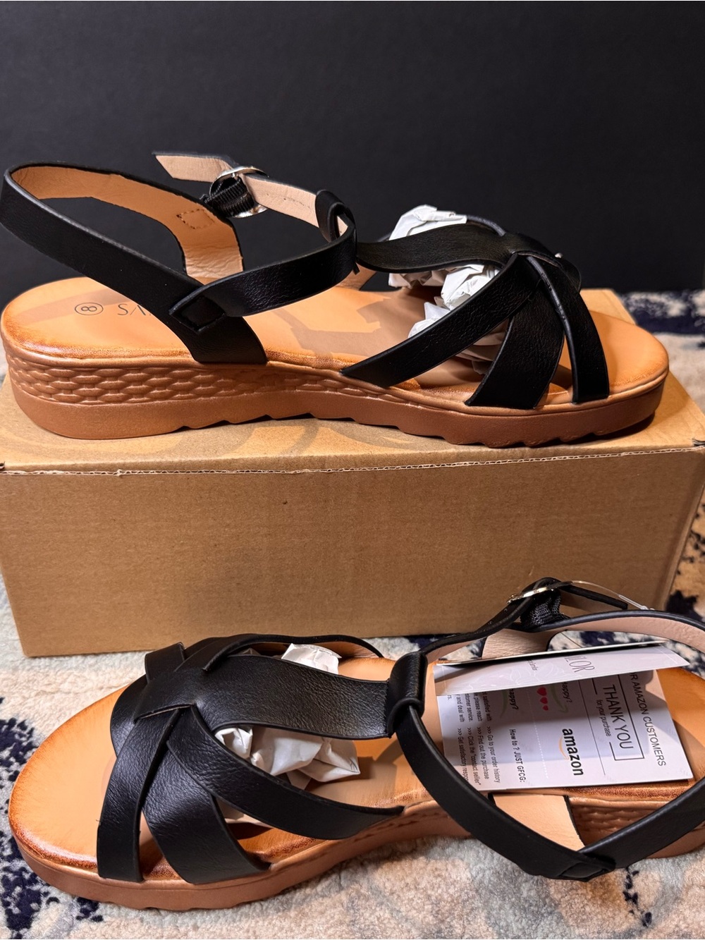 SaMilor Black Strappy Sandals with Tan Sole